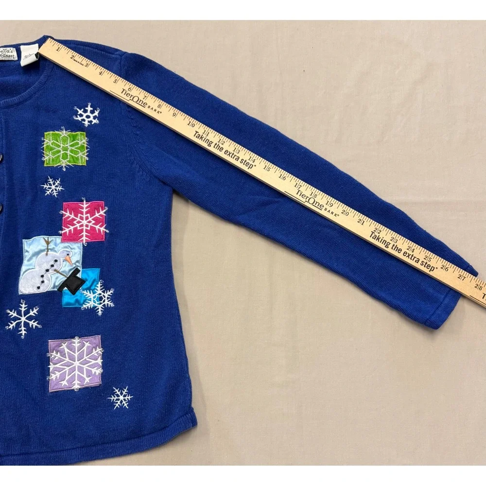 Isabella's Closet‎ Blue Snowman Snowflake Applique Cardigan Sweater Women's L